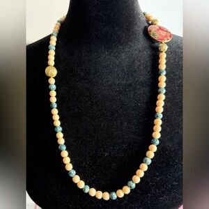 VINTAGE Cloisonné African Jade + Gemstone Long Rare HTF Beaded Ornate Necklace
